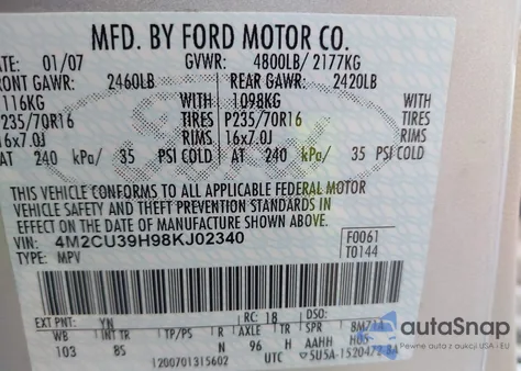 2008 Mercury Mariner Hev из США, поврежденный, VIN 4M2CU39H98KJ02340